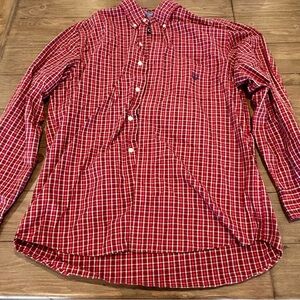 Chaps men’s button down shirt, long sleeve, red plaid, men’s size M, easy care